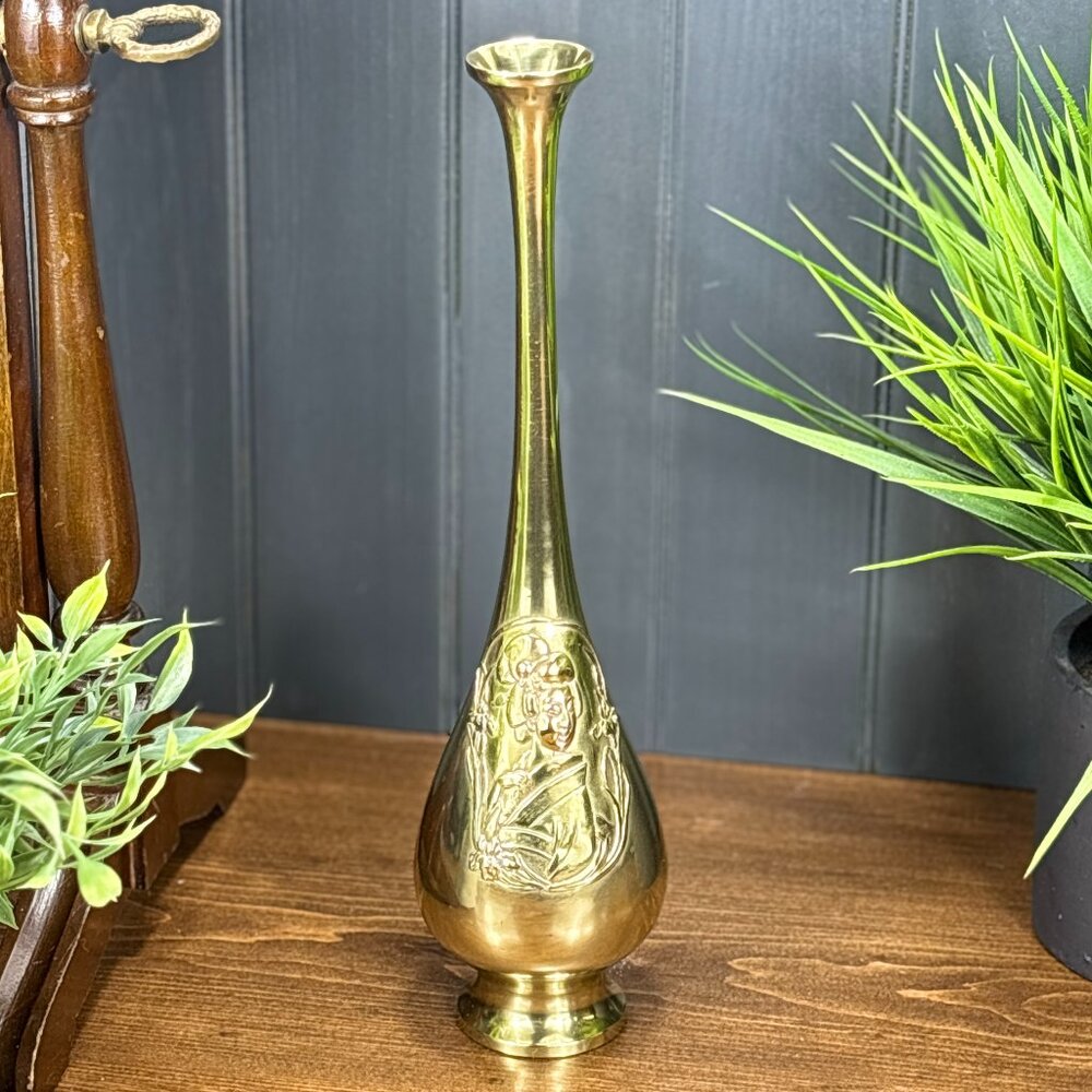 Vintage Brass Vase with Embossed Asian Motif Boho Style Tall Brass Bud Vase